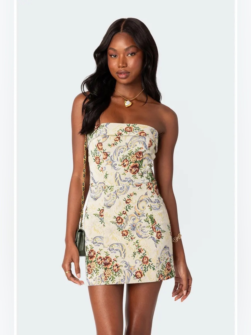 Edikted Cream Green RedFloral Tapestry Lace-Up Back Strapless Minidress Size XS